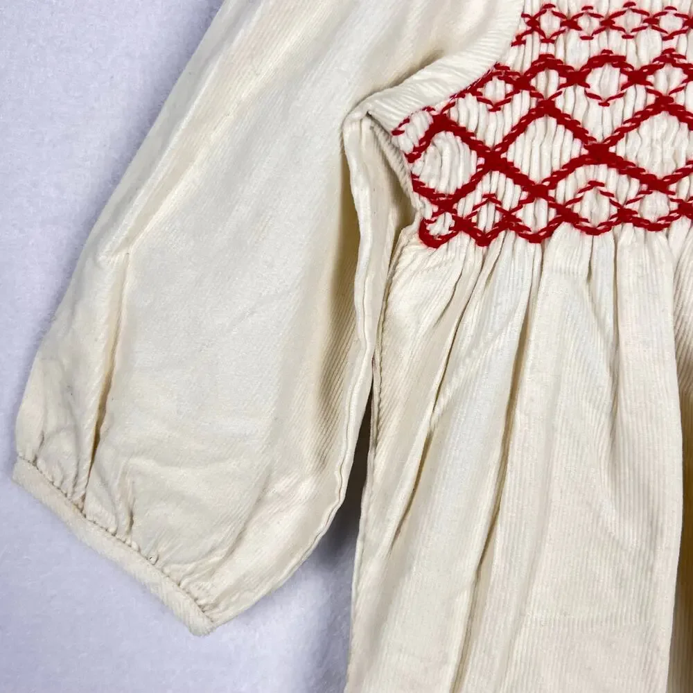 Vintage Ralph Lauren Baby Smocked Corduroy Romper 9M Months Cream Red Holiday